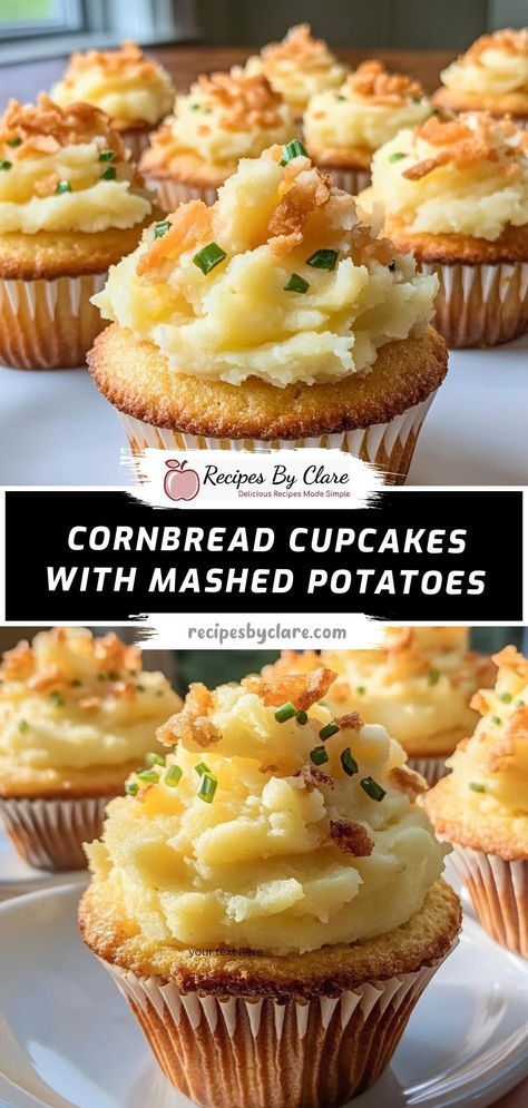 Looking for a unique side dish? Try these cornbread cupcakes topped with mashed potatoes! A fun and flavorful way to serve a classic combination.

Ingredients:

1 cup cornmeal
1 cup milk
2 tbsp butter
Optional: Chopped chives and crumbled bacon
Serve these savory cupcakes as a unique side dish that pairs perfectly with your favorite meals. Cornbread Cupcakes, Potatoes And Bacon, Savory Cupcakes, Savory Cornbread, Unique Side Dishes, Unique Appetizers, Cornbread Easy, Filled Muffins, With Mashed Potatoes