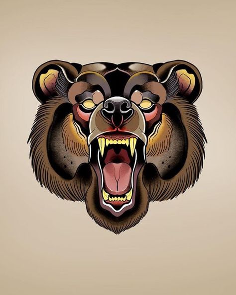 Traditional Bear Tattoo, Grizzly Bear Tattoos, Bear Tattoo Designs, Neo Tattoo, Traditional Tattoo Flowers, Creative Logos, Traditional Tattoo Sleeve, Cartoon Character Tattoos, Bear Tattoos