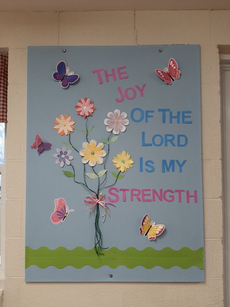 June Church Bulletin Board Ideas, May Church Bulletin Board Ideas, Spring Bulletin Boards For Church, Church Bulletin Board Ideas, Seasonal Bulletin Boards, Bulletin Ideas, Winter Bulletin, The Joy Of The Lord, Theme Board