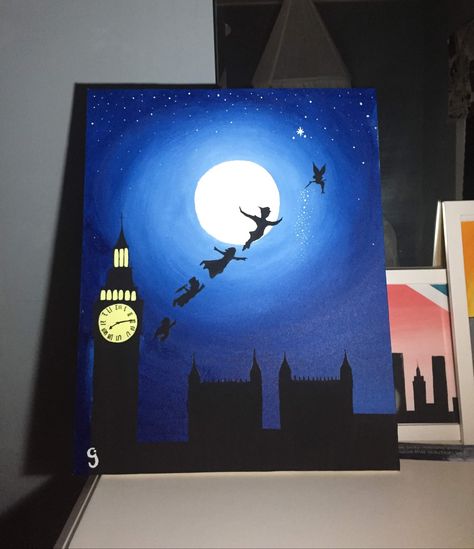 Cute Painting Ideas Disney, Disney Painting Ideas, Peter Pan Painting, Disney Canvas Paintings, Peter Pan Art, Disney Diy Crafts, Shadow Painting, Summer Drawings, Disney Canvas Art