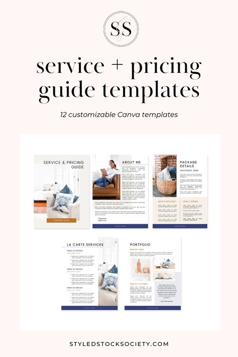 You finally did it! You’ve created your service packages and you’ve decided on prices. Now it's time to book clients. Hook potential clients into the sale by sending them a service and pricing guide. Not a designer? Don't worry we have a ready made template for you! Click through to learn how you can get this Service + Pricing Guide template for free by becoming a Styled Stock Society member! #canvatemplates #clients #onlinebusiness #servicebusiness #templates #branding #clientexperience Service Packages, Pricing Guides Templates, Pricing Calculator, Web Design Packages, Pricing Guides, Price List Template, Guide Template, Marketing Graphics, Pricing Guide