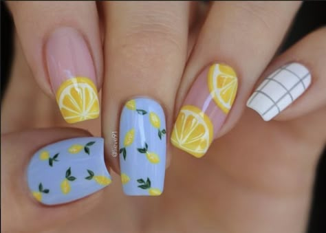 Lemonade Nails Designs, Lemonade Nail Art, Fruit Inspired Nails, Lemon Nails Designs, Lemonade Nails, Nails Lemon, Lemon Nails, Fruit Nail, Fruit Nail Art