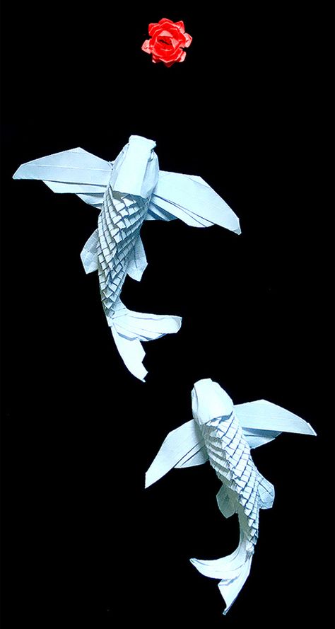 Koi fish flying origami artwork paper design Origami Tattoo, Paper Folding Art, Origami Paper Folding, Paper Fish, Origami Artist, Wet Paper, Tutorial Origami, Origami Fish, Origami And Kirigami