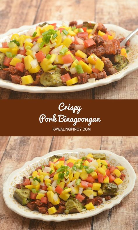 Crispy Pork Binagoongan is a delicious take on pork binagoongan. Made of crisp-fried pork cubes tossed in shrimp paste and then topped with mangoes, tomatoes, and steamed eggplant. via @lalainespins Crispy Pork Belly, Asian Inspired Dishes, Crispy Pork, Fried Pork, Delicious Snacks Recipes, Delicious Dinner Recipes, Asian Dishes, Meat Recipes, Pork Recipes