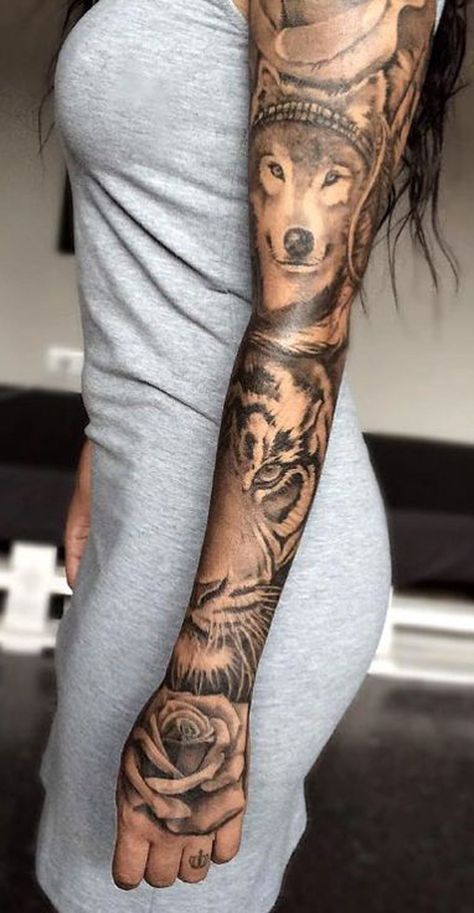 Women's Wolf Tiger Full Arm Sleeve Tattoo Ideas - Floral Flower Hand Tat - ideas del tatuaje de la manga del brazo completo de la flor del tigre negro del lobo para las mujeres - www.MyBodiArt.com Full Arm Sleeve Tattoo, Model Tattoos, Hand Tattoos For Girls, Cat Tattoos, Tattoos Geometric, Tattoo Girls, Tiny Tattoo, Full Sleeve Tattoos, Arm Sleeve Tattoos