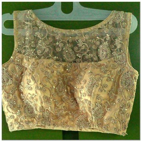 Gold blouse Gold Colour Blouse Designs Latest, Gold Net Blouse Designs, Golden Colour Blouse Design, Gold Colour Blouse Designs, Maggam Blouses, Choli Blouse Design, Netted Blouse Designs, Mehendi Outfit, Boat Neck Blouse Design