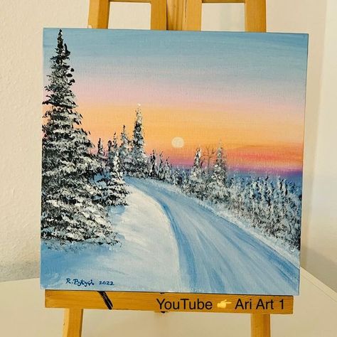 Snowy Paintings Easy, Winter Sunrise Painting, Acrylic Painting Ideas Winter, Painting Ideas On Canvas Winter, Winter Painting Ideas On Canvas, Winter Canvas Painting Ideas, Winter Acrylic Paintings, Painting Ideas Winter, Winter Paintings On Canvas Acrylics