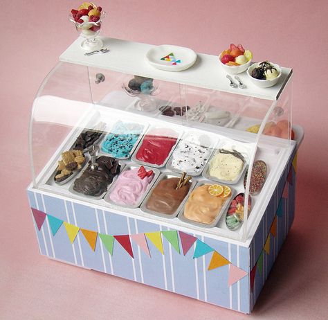 Miniature Ice Cream Display by PetitPlat - Stephanie Kilgast, via Flickr Mini Choses, Ice Cream Display, Miniature Ice Cream, Doll Food, Mini Craft, Tiny Food, Polymer Clay Miniatures, Miniature Diy, An Ice Cream