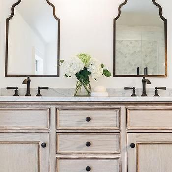 Light Stained Oak Washstand with Oil Rubbed Bronze Vintage Faucets Bronze Fixtures Bathroom, Oil Rubbed Bronze Bathroom Fixtures, Oil Rubbed Bronze Mirror, Neutral Modern Farmhouse, Modern Farmhouse Bathroom Ideas, Powder Room Lighting, Rubbed Bronze Bathroom, Vintage Faucet, Black Bathroom Faucet