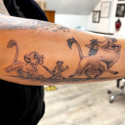 Lion king tattoo Simba, Timon, and Pumbaa Timon Pumba Simba Tattoo, Timon And Pumbaa Tattoo, Timon And Pumba Tattoos, Simba Tattoo, Lion King Tattoo, King Tattoo, Timon And Pumbaa, Aztec Tattoo, Disney Tattoo