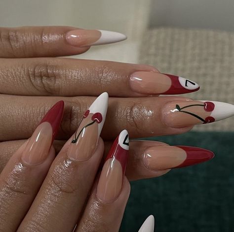 Almond Acrylic Nails Cherry, Red Vegas Nails, Red Nails With Cherry, Cherry Red Nails Design, Vegas Inspired Nails, 777 Nails, Cherry Nails Acrylic, Cherry Nail Designs, Nails With Cherry