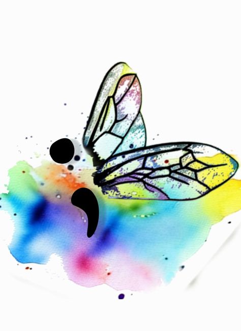 Watercolor semicolon tattoo idea. Used bee wings but no body. Drip style backdrop Watercolor Dragonflies, Tattoo Dragonfly, Drip Style, Semi Colon, Watercolor Dragonfly, Bee Wings, Semicolon Tattoo, Wing Tattoo, Butterfly Tattoo Designs