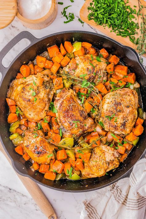 Chicken and Sweet Potato Skillet Chicken With Sweet Potatoes Recipes, Avery Cooks, One Pan Dinners Chicken, Chicken And Sweet Potatoes, Sweet Potato Skillet Recipes, Chicken And Sweet Potato, Potato Skillet, Chicken Dinner Recipe, Sweet Potato Skillet