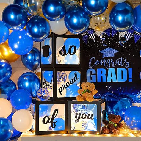 4 Pcs Grad Balloons Boxes with 4 LED Light Strings, So Proud of You Graduation Balloon Box Blue Graduation Decorations, Grad Balloons, College Graduation Decorations, Balloon Boxes, Graduation Box, Gold Graduation Party, Black And Gold Balloons, Small Balloons, Balloon Box