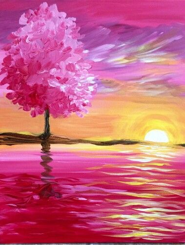 Acrylic Painting Ideas On Canvas, Easy Acrylic Painting Ideas, Acrylic Painting Ideas, Easy Acrylic Painting, Pink Tree, Easy Canvas Painting, Painting Ideas On Canvas, Pretty Sunset, Canvas Painting Diy