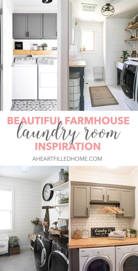 Beautiful Farmhouse Laundry Room Inspiration from aheartfilledhome.com Farmhouse Laundry Room Decor Ideas, Laundry Farmhouse, Modern Farmhouse Laundry Room, Organized Laundry, Modern Laundry Room, Modern Laundry, Laundry Ideas, Dream Laundry Room, Mudroom Ideas