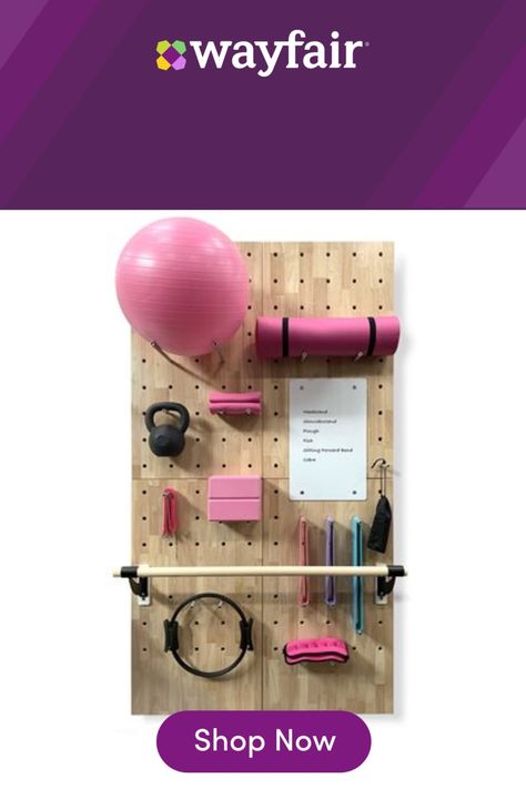 myWall® The myWall premium peg wall GYM system is the perfect fit for anyone working out from home. The system provides a fully customizable workout area with limited space requirements. The myWall panels are perfect for Yoga and Barre enthusiasts. | myWall® 85"H x 47.25"W Pegboard, Wood in Beige, Size 85"H X 48"W X 2"D | Wayfair | Organization Gym Organization Ideas, Wall Gym, Mini Gym At Home, Working Out From Home, Ballet Room, Home Gym Organization, Gym Organizer, Peg Wall, Workout Room Home