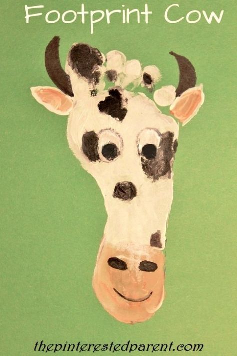 Footprint Cow - Footprint Crafts from A to Z - C is for cow Farm Animals Handprint Craft, Farm Infant Crafts, Farm Crafts For Infants, Cow Footprint, C Is For Cow, Farm Week, Print Crafts, Cow Craft, Farm Animal Crafts