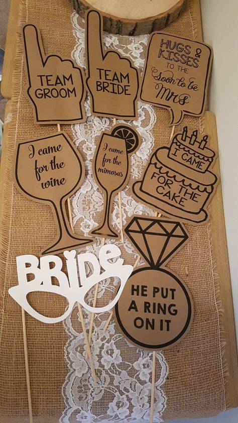 Props For Bride To Be, Diy Bride To Be Decor, Bridal Shower Props Diy, Engagement Photo Booth Props, Bride To Be Diy Decorations, Bride To Be Props Diy, Bride And Groom Party Ideas, Props Ideas For Wedding, Wedding Shower Photo Booth