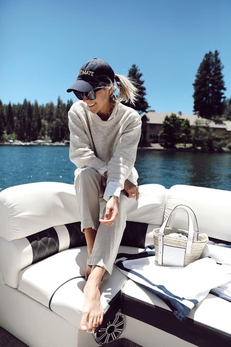 Damsel in Dior | Loewe Small Leather-Trimmed Woven Raffia Tote What To Wear On A Boat, Sailing Fashion, Damsel In Dior, Lake Arrowhead, Trip Outfits, Boating Outfit, My Trip, Light Sweater, Light Jacket