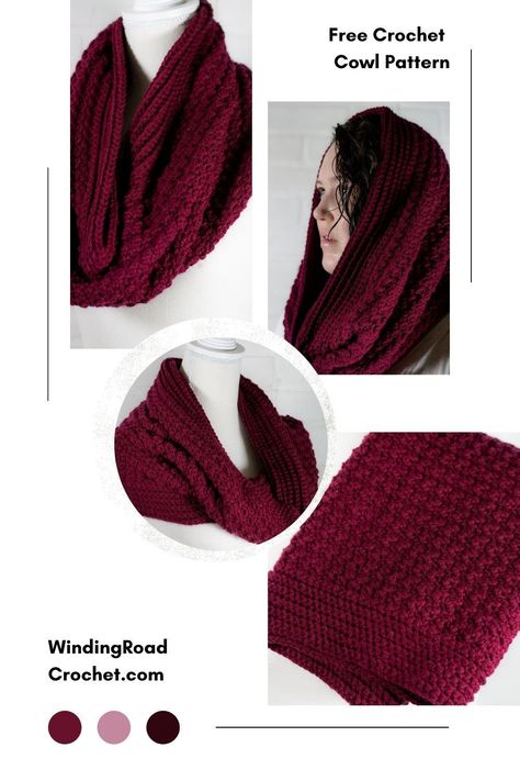 This textured crochet cowl is large looks like an infinity scarf and tall enough to be a hood. Enjoy the free crochet pattern and video. Crochet Hooded Cowl Pattern Free, Easy Crochet Cowl, Crochet Hats Free Pattern Ladies, Crochet Hooded Cowl, Scarf Free Pattern, Winding Road Crochet, Infinity Scarfs, Crocheted Scarves, Bookmark Crochet