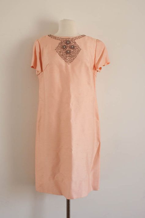 Couture Mini Dress  1960s Dress  / Silk by SalvatoCollection, $145.00 Couture Mini Dress, 1960s Dress, 1960's Dress, Tent Dress, Dress Silk, 60s Dress, Peach Pink, Beaded Dress, Colorful Interiors