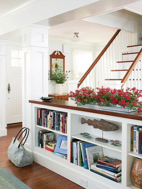 Half Wall Bookcase, Build A Half Wall, Short Bookshelf, Wall Bookcase, Pony Wall, Half Walls, Farmhouse White, Stair Case, Dollhouse Ideas