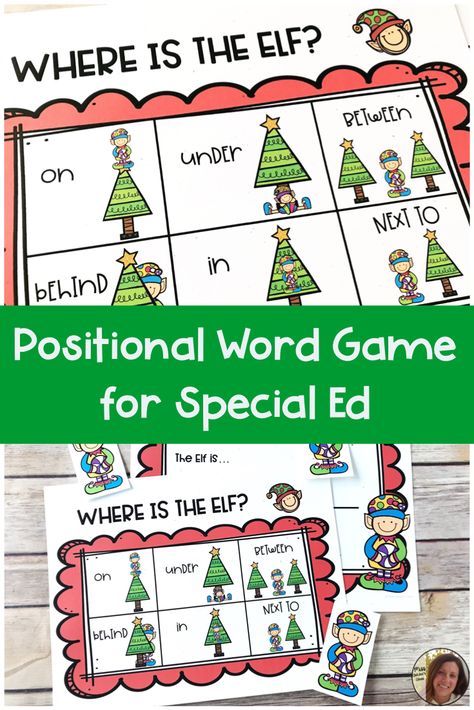 Christmas Positional Words Preschool, Christmas Crafts Special Education, Elf Math Activities, Special Education Christmas Activities, Elf Preschool Activities, Christmas Prepositions, Christmas Circle Time Activities, Christmas Circle Time, Elf Activities For Kids