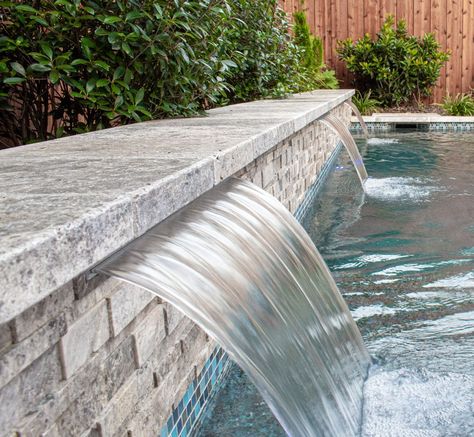 Dallas Custom Pool Feature Photos | Rockwall Pool Builder Waterline Pool Tile, Swimming Pool Waterfall, Pool Pavers, Geometric Pool, Water Feature Wall, Stone Pool, Swimming Pool Water, Pools Backyard Inground, Diy Swimming Pool