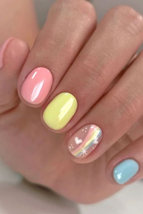 short nails with pastel rainbow and fun colors Pastel Rainbow Nails Short, Gel Polish Nail Designs Short, Super Short Nail Ideas, Sherbert Nails, Rainbow Short Nails, Gel Nails Rainbow, Rainbow Nails Short, Pastel Nails Short, Nail Designs Rainbow