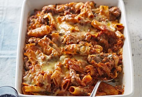 Lamb sausage pasta bake Sausage Recipes With Pasta, Lamb Sausage Recipes, Pasta With Lamb, Lamb Sausage, Recipes With Pasta, Sausage Pasta Recipe, Pasta Board, Sausage Pasta Bake, Pasta Bakes