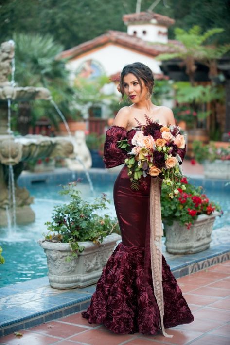 Ranchera Wedding Dresses, Mexican Mermaid Wedding Dress, Wine Color Wedding Theme, Ranchero Wedding, Mexican Style Wedding Dress, Charro Wedding Ideas, Charro Wedding, Burgundy Prom Dress Mermaid, Spanish Bride