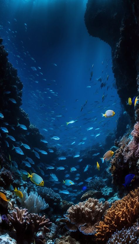 , #Art, #Creation, #AD, #AI Ocean Scrapbook, Underwater Ecosystem, Iridescent Scales, Dark Blue Ocean, Low Key Lighting, Life Underwater, Brain Coral, Fan Coral, Ocean Coral