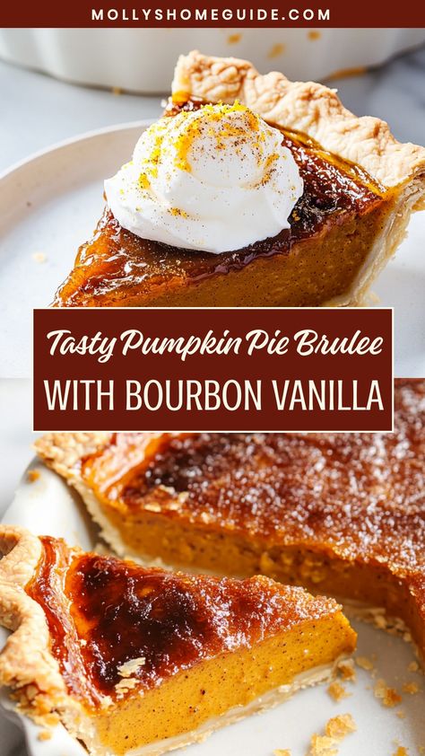 Indulge in the perfect fall dessert with this exquisite pumpkin pie brulee infused with the rich flavors of bourbon vanilla. This decadent treat is a delightful twist on a classic favorite, combining the creamy texture of brulee with the warm spices of pumpkin pie. Whether you're hosting a dinner party or simply craving a seasonal delight, this recipe is sure to impress your guests and satisfy your sweet tooth. Brulee Pumpkin Pie, Bourbon Brûlée Pumpkin Pie, Pumpkin Pie Brulee, Pumpkin Pie Mouse, Winter Pie Recipes, Pumpkin Pie Desserts, Sugar Pumpkin Pie Recipe, Pumpkin Brulee, Bourbon Pumpkin Pie