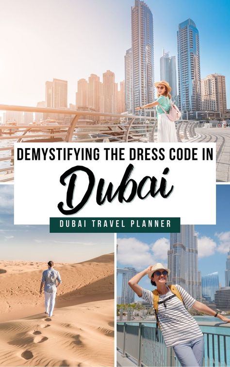 What should you wear on a trip to Dubai? There's lots of conflicting advice on what you can and should wear as a tourist in this Islamic but very multi-cultural modern city. Setting aside myth from fact and the actual rules that could land you in trouble, read this before you pack for Dubai | The dos and don'ts of dressing with respect in Dubai | What to wear in Dubai | Dubai Travel Planner Dubai Travel Outfit, Dubai Dress Code, What To Wear In Dubai, Dresses In Dubai, Dubai Dress, Uae Travel, Trip To Dubai, Dubai Travel Guide, Dubai Outfits