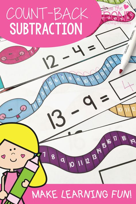 Counting Back To Subtract First Grade, Subtraction Within 20 Activities, Number Line Subtraction, Subtraction To 20, Subtraction Centers, Letter Activity, Subtraction Within 20, Preschool Math Games, Subtraction Kindergarten