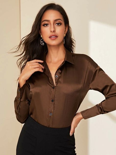 Solid Button Front Satin Blouse | SHEIN USA Brown Satin Shirt, Satin Bluse, Split Hem Dress, Sweet Shirt, Brown Satin, Shein Dress, Satin Blouses, Printed Bodycon Dress, Brown Silk