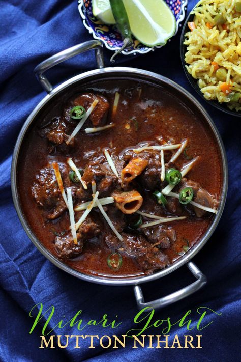 Succulent pieces of mutton cooked in a deliciously silky stew! This recipe uses the pressure cooker method which will make your dish ready in less than 45 minutes! Nihari Photography, Mutton Nihari Recipe, Mutton Nihari, Recipe Beef Stew, Mutton Dishes, Nihari Recipe, Mutton Recipe, Slow Cooked Meat, Recipe Beef