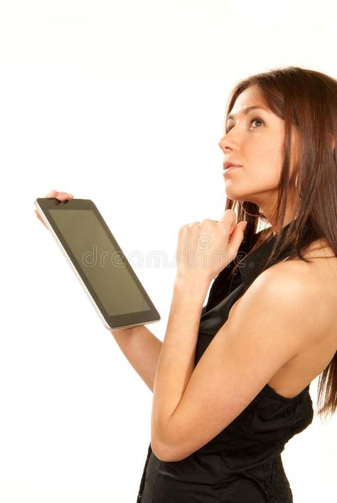 Woman holding tablet touch pad computer. Brunette woman holding new electronic t , #affiliate, #pad, #computer, #Brunette, #touch, #Woman #ad Holding Tablet Pose Reference, Sitting At Computer Reference, Sitting At Computer Drawing, Person Sitting In Front Of Computer, Woman Biting Laptop, Ipad Image, Computer Photo, Stock Photos Woman, Brunette Woman