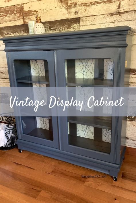 Refinished Cabinet With Glass Doors, Glass Front Cabinet Makeover, Repurposed Glass Doors Ideas, Repurposed Bathroom Cabinet, Bookcase With Glass Doors Makeover, Redo Curio Cabinet Ideas, Glass Door Cabinet Makeover, Cabinet Display Ideas, Upcycled Display Cabinet