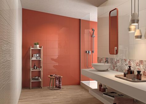 Bathroom tiles: ceramic and porcelain stoneware - Marazzi 7412 Classic Bathroom Tile, Flooring Ceramic, Orange Bathrooms, Interior Design Per La Casa, Bad Inspiration, Minimalist Home Interior, Bathroom Red, Wall Painting Decor, Bathroom Tile Designs