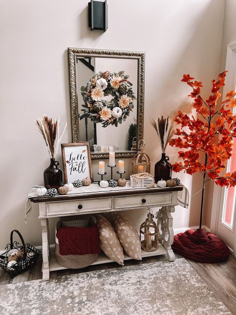 Hall Table Fall Decor Ideas, Sofa Table Fall Decor Ideas, Farmhouse Halloween Entry Table, Makeup Vanity Fall Decor, Wood Lantern Decor, Fall Entryway Table Decor, Fall Entryway Table, Fall Table Scape, Fall Blankets