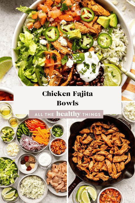 This Chicken Fajita Bowl recipe is packed with fresh veggies, tender chicken, and all the perfect blend of spices. Served with rice, lettuce, and a variety of toppings, it’s perfect for a high-protein lunch or dinner that’s even tastier than takeout! Healthy Winter Lunch Recipes, High Protein Chicken Fajitas, High Protein Fajita Bowl, Pomegranate Desserts, Pepper Tacos, Fajita Bowl Recipe, All The Healthy Things, Meal Bowls, Fajita Bowl