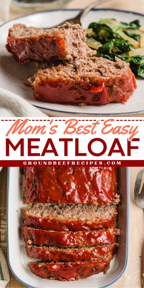 Don't miss out on Mom's best ever meatloaf! It will become one of your favorite main course recipes, too. Moist with a sweet and tangy glaze, this traditional meatloaf is just perfect. Try this easy family dinner! Best Easy Meatloaf, Mom's Meatloaf Recipe, Best Ever Meatloaf, Meatloaf Side Dishes, Traditional Meatloaf Recipes, Easy Comfort Food Dinners, Traditional Meatloaf, Meatloaf Dinner, Homemade Meatloaf