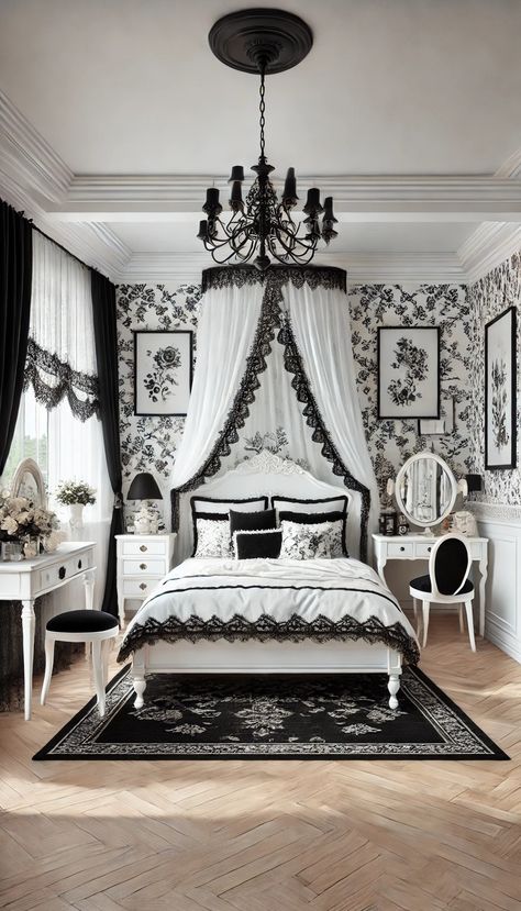 Cuartos Dark, White Gothic Bedroom, Black White Bedroom Ideas, Black White Bedroom Decor, 20s Bedroom, Black Lace Curtains, White Bedroom Decor Ideas, Black And White Floral Wallpaper, Goth Bedroom Ideas