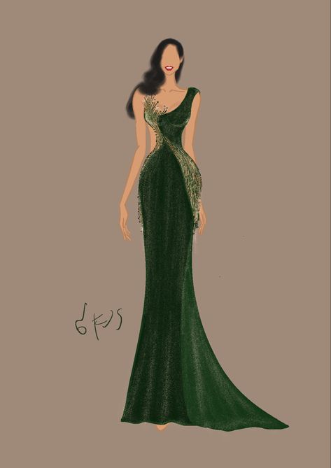 Emerald Green Long Gown, Ball Gown Illustration Fashion Sketches, Slytherin Fashion, Digital Fashion Illustration, Met Gala Dresses, Detailed Dress, Long Gown Design, Dress Design Drawing, Fashion Design Collection