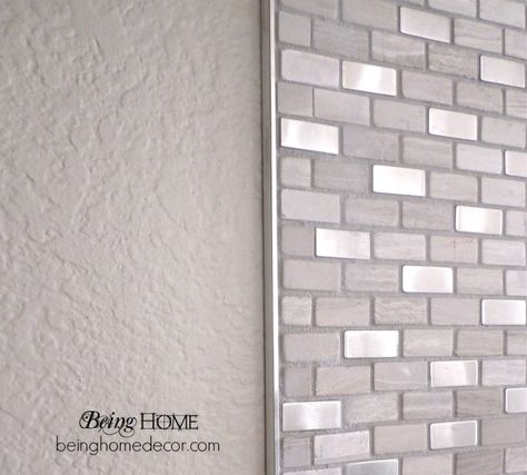 Super Simple DIY Tile Backsplash :: Hometalk  "Brick Boulevard" tile from Home Depot with metal trim edge. Backsplash Edge, Diy Tile Backsplash, Paint Backsplash, Stove Backsplash, Diy Kitchen Backsplash, Farmhouse Backsplash, Beadboard Backsplash, Wood Backsplash, Brick Backsplash