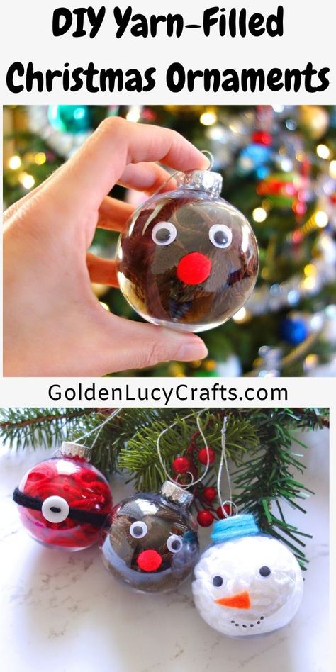 Reindeer DIY ornament, clear ball Christmas ornament ideas, yarn-filled ornaments, Snowman, Santa,  handmade Christmas, easy, craft for kids, #christmasornaments, #handmadechristmas, #diyornaments, #reindeer Kid Craft Ideas For Christmas, Easy Craft Ornaments, Diy Ball Ornament Ideas, Kids Clear Ornament Craft, Kids Christmas Ornament Crafts Easy Diy, Pom Pom Filled Ornaments, Diy Ornament Balls, Christmas Clear Ornament Ideas, Plastic Ornament Crafts For Kids