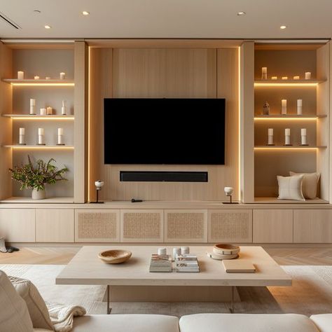 Japandi Media Wall, Build In Tv Cabinet Wall Units, Tv Library Wall, Tv Wall Decor Living Room Modern Luxury, Hidden Tv Ideas, Closet Offices, Tv Cabinet Designs, Tv Cabinet With Storage, Tv Wall Decor Living Room