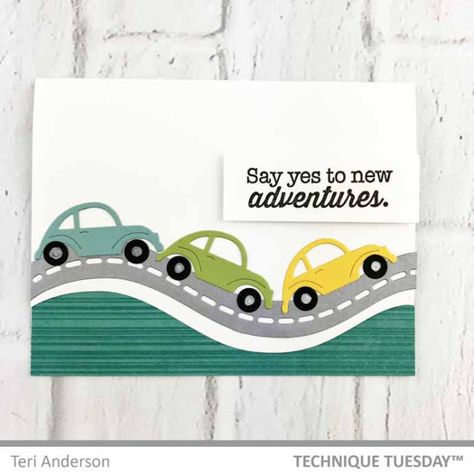 Neat card created with the Cars on the Road border dies from Technique Tuesday. I could see making a card like this for graduation or someone moving away or taking a new job! Truck Cards, Cars On The Road, New Job Card, Car Card, Birthday Card Craft, Welcome Card, Technique Tuesday, Boy Cards, Retirement Cards